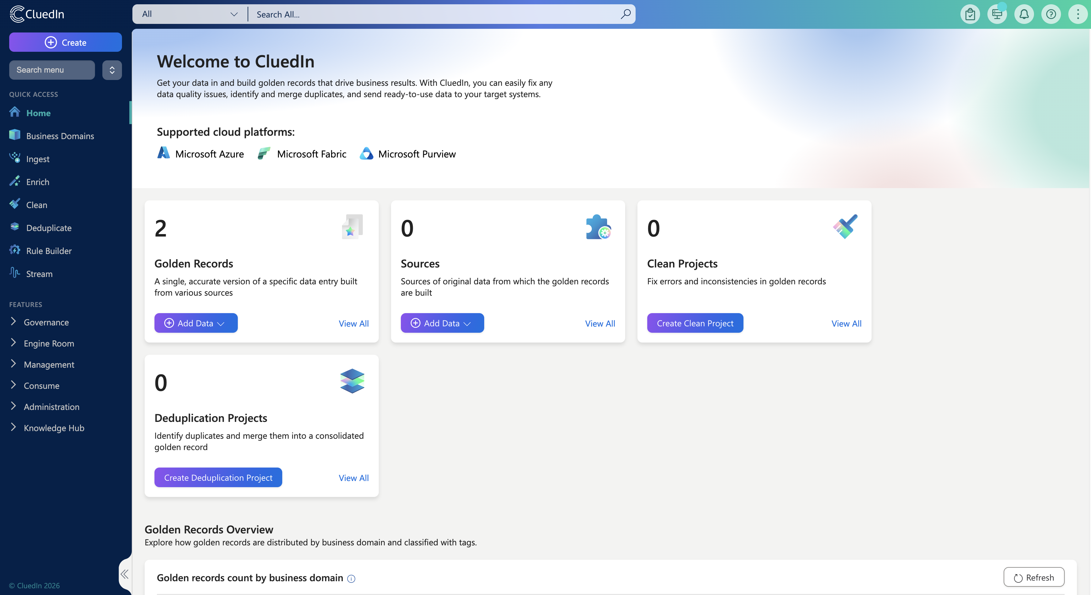 CluedIn home page in the Radiant theme, with the navigation menu and Golden Records, Sources, Clean Projects and Deduplication Projects cards